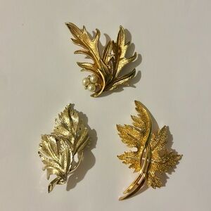 Three Vintage Goldtone Leaf Brooches